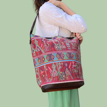 Huipil Bucket Bag - Handcrafted Vintage Mayan Textile &amp; Leather Tote