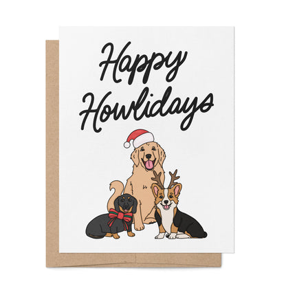 Happy Howlidays Card — hand drawn corgi, dachshund and golden retriever with hand lettered greeting, A2 4.25 x 5.5 in folded card, by MangoIllustrated
