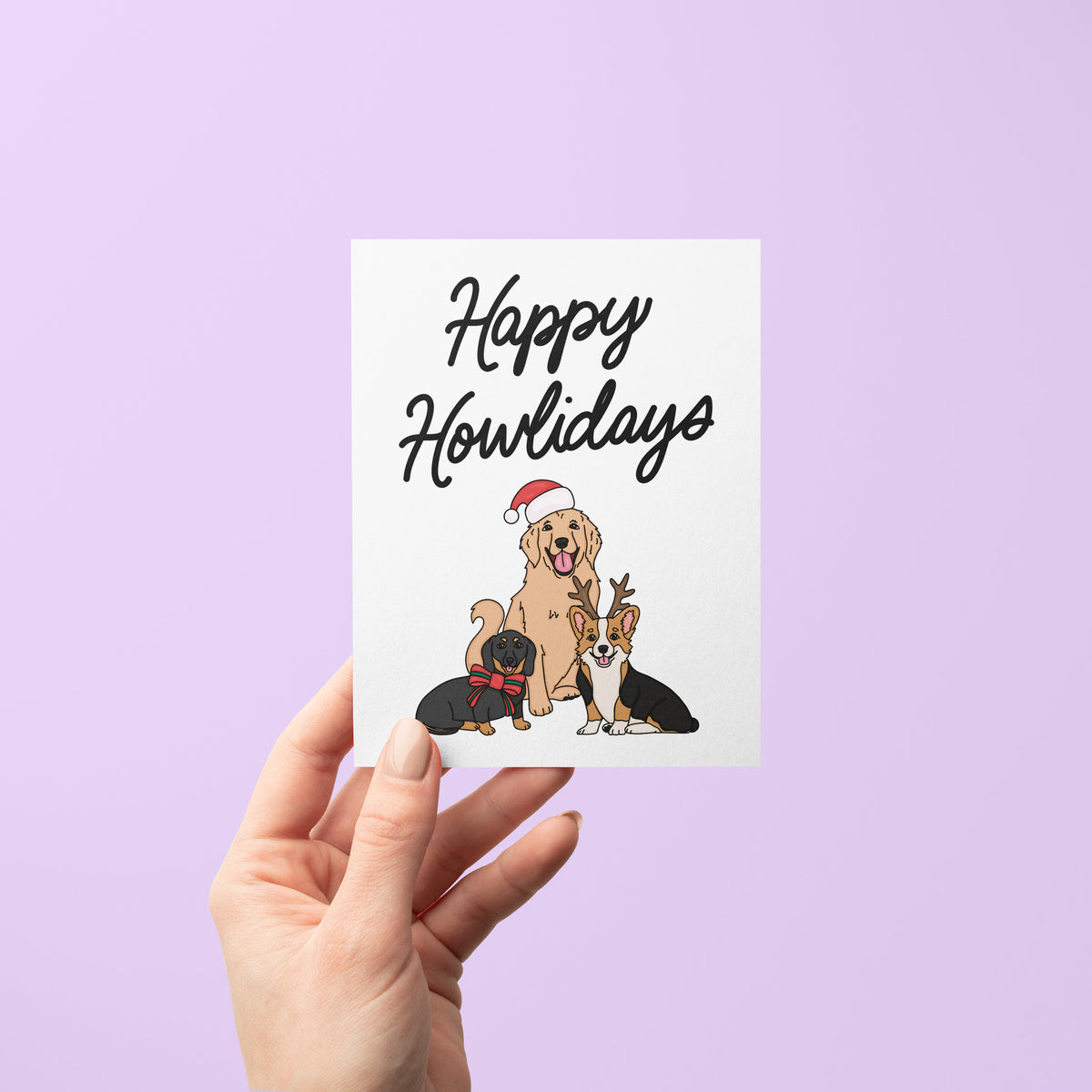 Happy Howlidays Card detail — hand lettered dog lover holiday greeting by indie artist MangoIllustrated