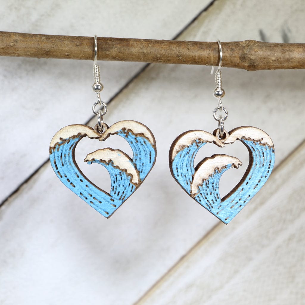 Hand-painted wooden heart wave dangle earrings with modern flowing love design and hypoallergenic sterling silver hooks, romantic statement jewelry for Valentine’s gifts and everyday style
