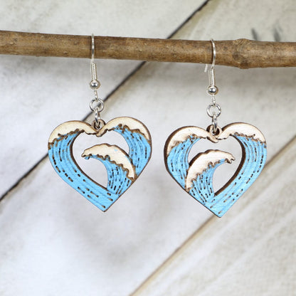 Hand-painted wooden heart wave dangle earrings with modern flowing love design and hypoallergenic sterling silver hooks, romantic statement jewelry for Valentine’s gifts and everyday style