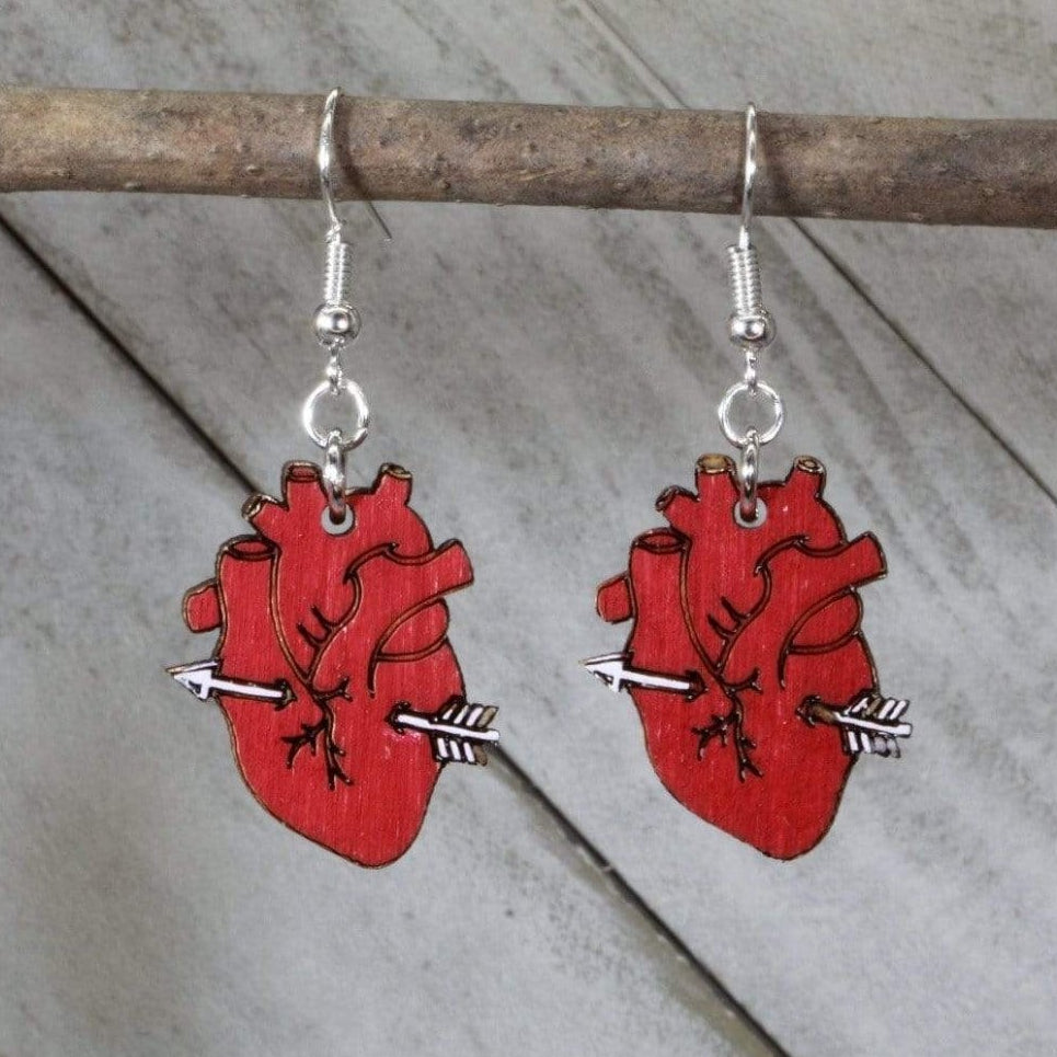 Hand-painted wooden heart with arrow dangle earrings with romantic Cupid-inspired design and hypoallergenic sterling silver hooks, lightweight heart statement jewelry earrings for Valentine’s Day and love style