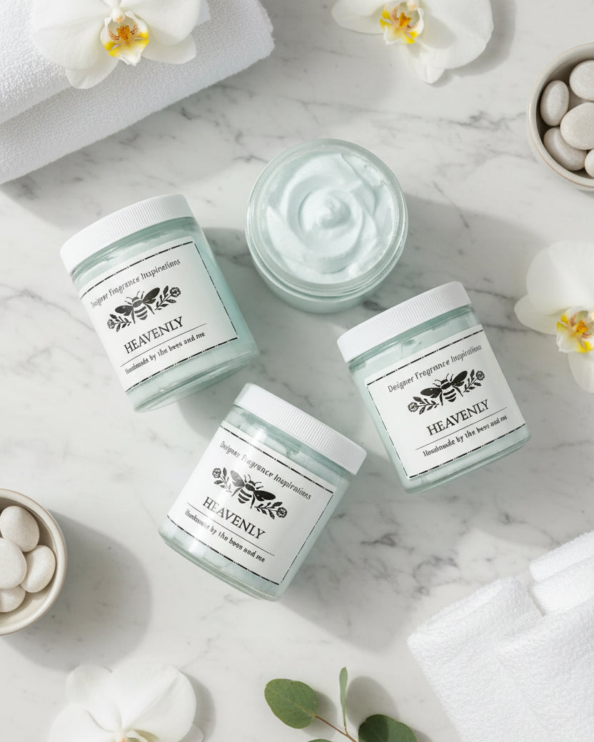 Flat lay of 4 jars of light blue whipped body butter. one open showing the conents.