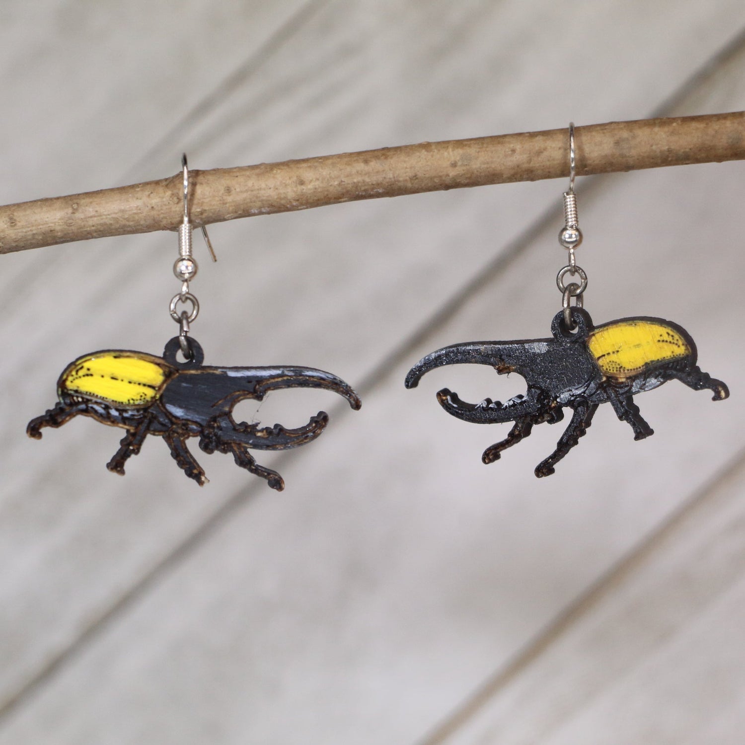 Pair of beetle-shaped earrings on a branch against a neutral background