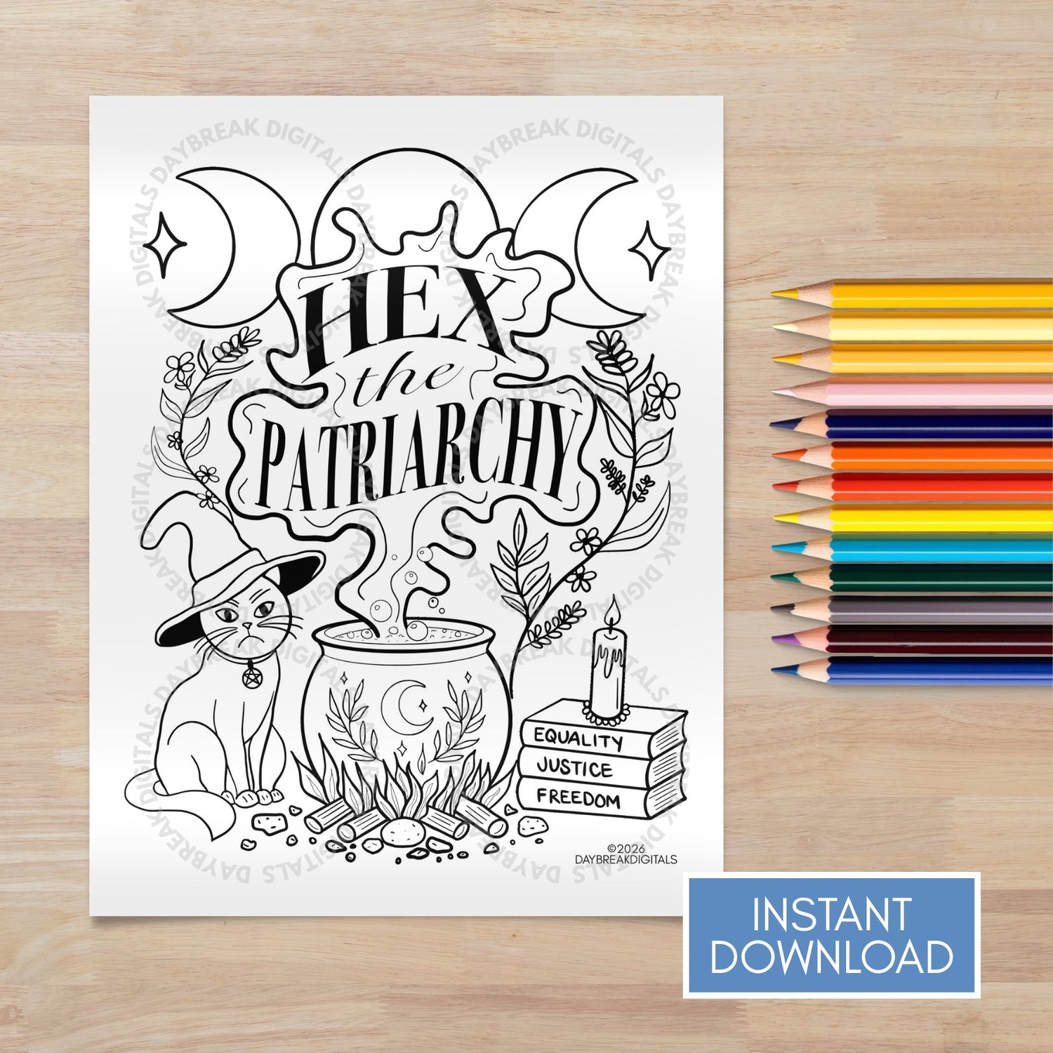 Hex the Patriarchy Witchy Feminist Coloring Page | Instant Download PDF