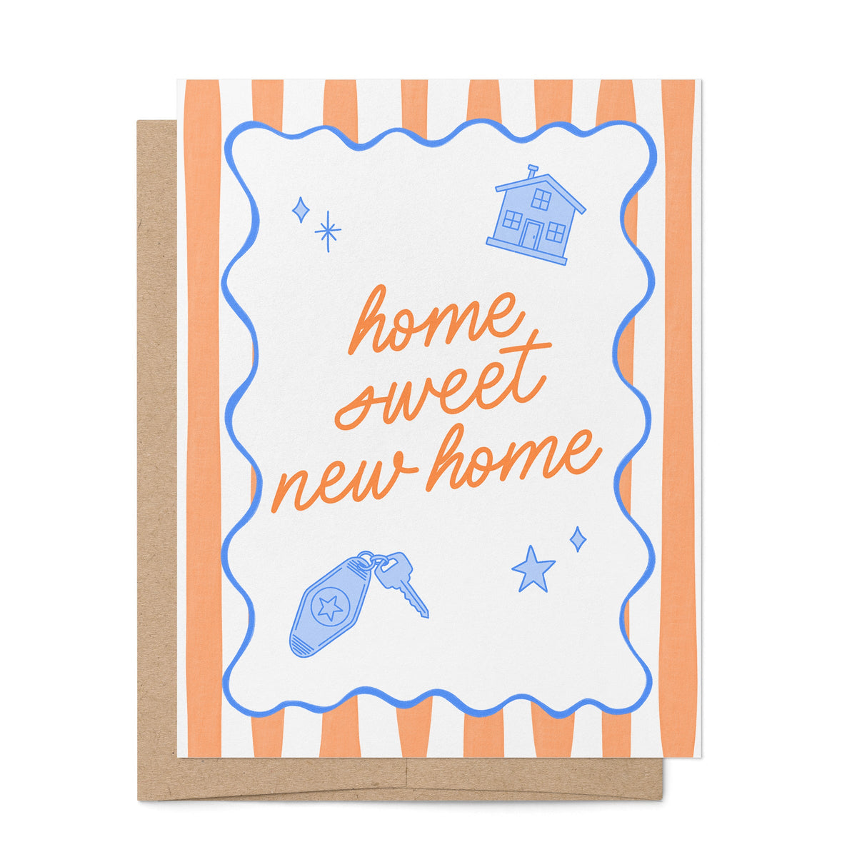 Home Sweet New Home Illustrated Housewarming Card — retro stripes with hand drawn house and key icons and the greeting home sweet new home, 4.25 x 5.5 in folded card, by MangoIllustrated