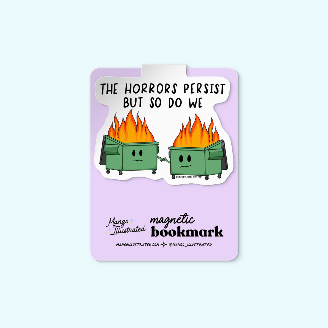 Horrors Persist magnetic bookmark detail — funny hand lettered page marker on a book by indie artist MangoIllustrated