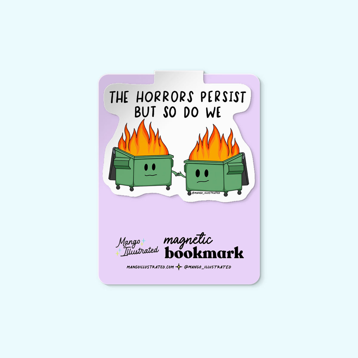 Horrors Persist magnetic bookmark detail — funny hand lettered page marker on a book by indie artist MangoIllustrated