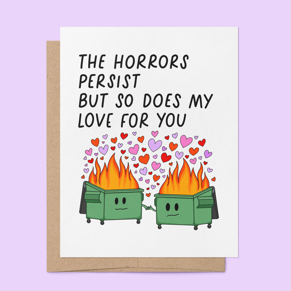 Horrors Persist love card with A2 kraft envelope — dark humor friendship card by indie artist MangoIllustrated