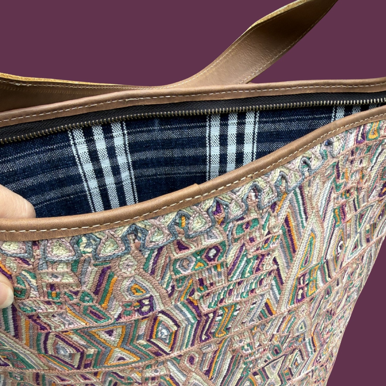 Huipil Bucket Bag - Handcrafted Vintage Mayan Textile &amp; Leather Tote