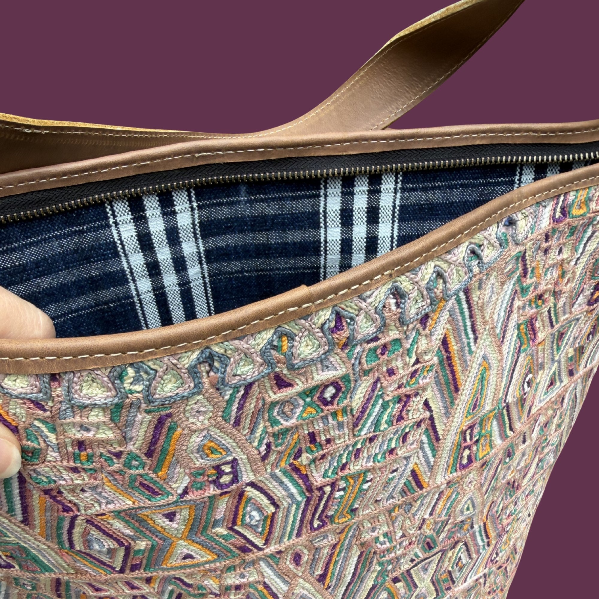 Huipil Bucket Bag - Handcrafted Vintage Mayan Textile &amp; Leather Tote