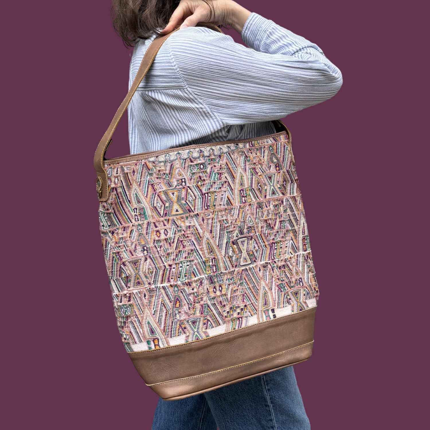 Huipil Bucket Bag - Handcrafted Vintage Mayan Textile &amp; Leather Tote