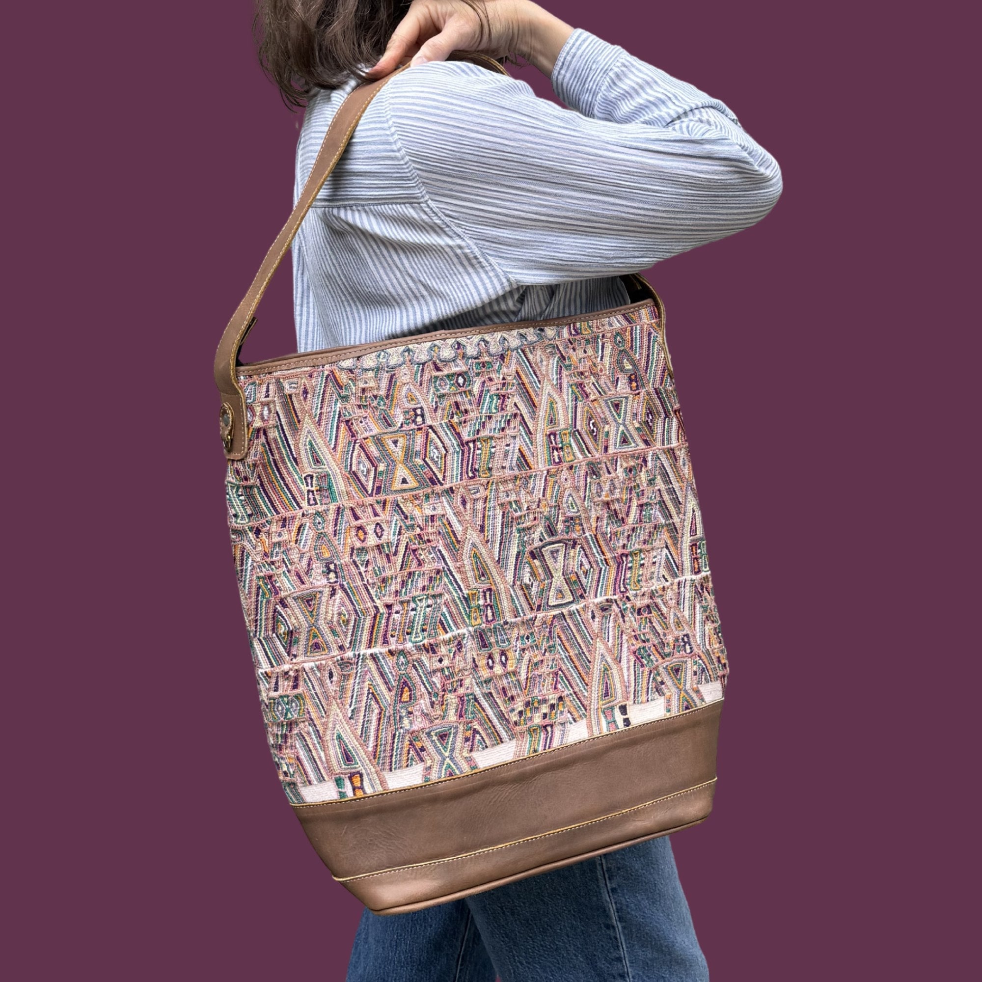 Huipil Bucket Bag - Handcrafted Vintage Mayan Textile &amp; Leather Tote