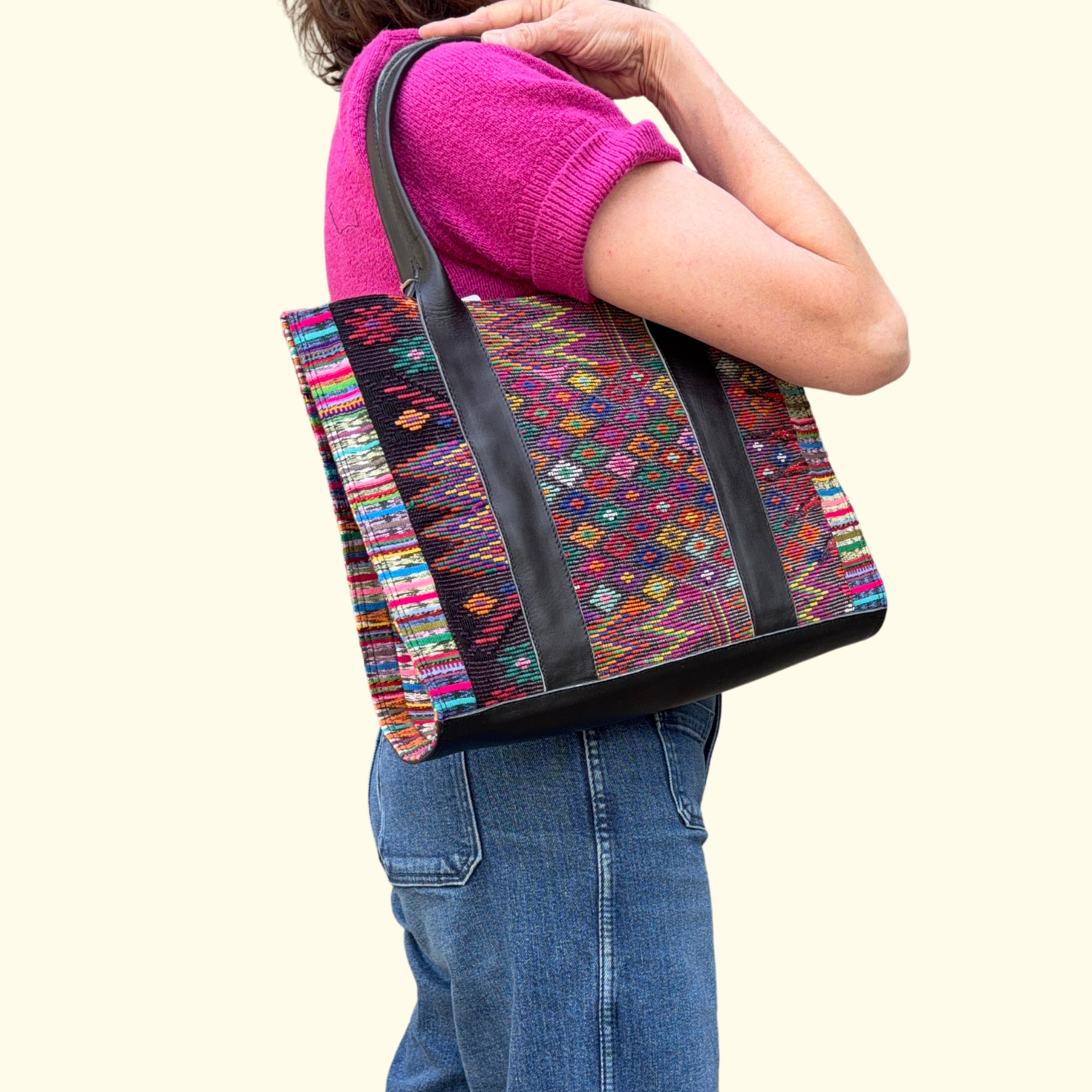 Handwoven Vintage Huipil Leather Tote