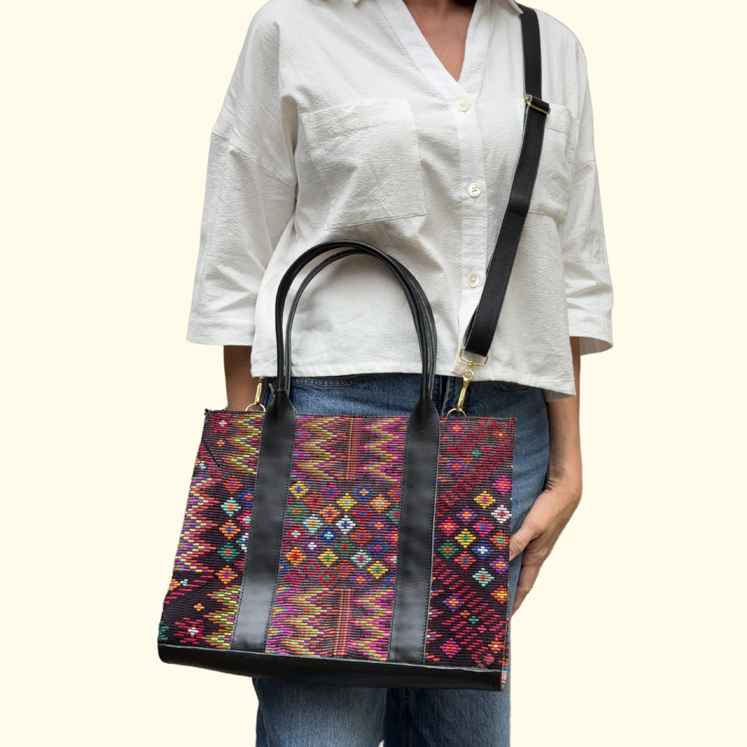 Handwoven Vintage Huipil Leather Tote