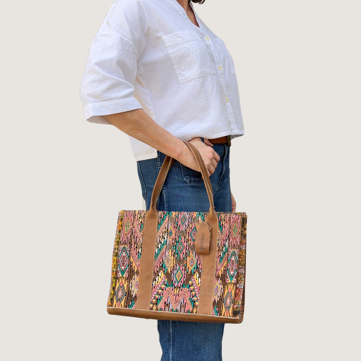 Handwoven Vintage Huipil Leather Tote