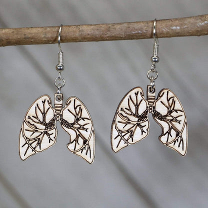 Hand-painted wooden human lung dangle earrings with detailed anatomy design and hypoallergenic sterling silver hooks, lightweight medical statement jewelry earrings for healthcare workers and science lovers