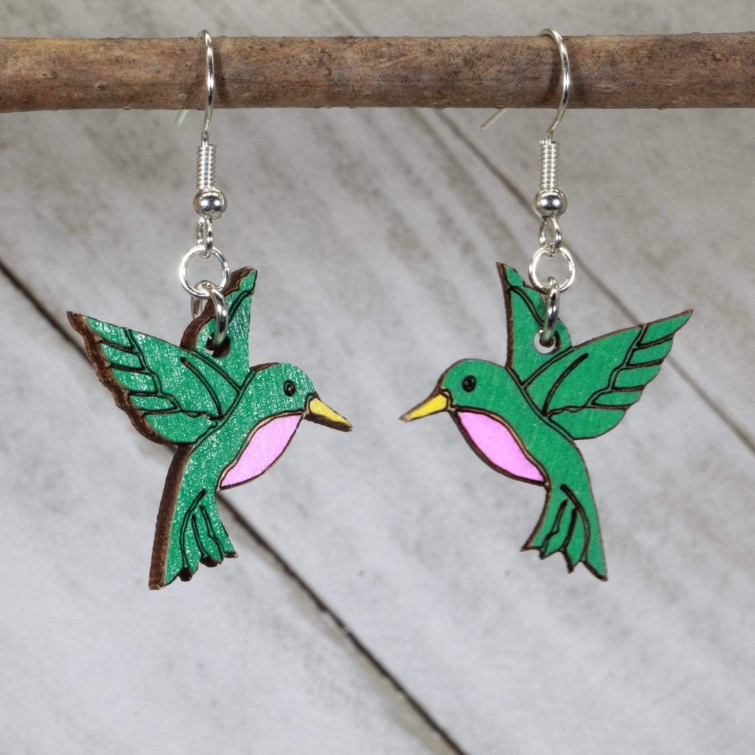 Hand-painted wooden hummingbird dangle earrings with detailed bird design and hypoallergenic sterling silver hooks, lightweight hummingbird statement jewelry earrings for bird lovers