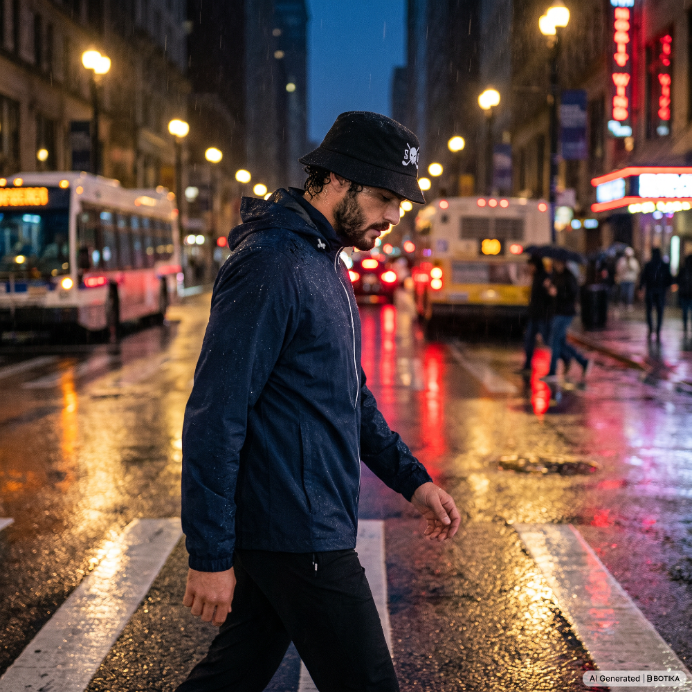 A man wearing a navy blue hooded jacket and a black bucket hat walks across a city crosswalk at night in the rain. The street is wet with reflections of streetlights and vehicles, and blurred pedestrians and buses are visible in the background.