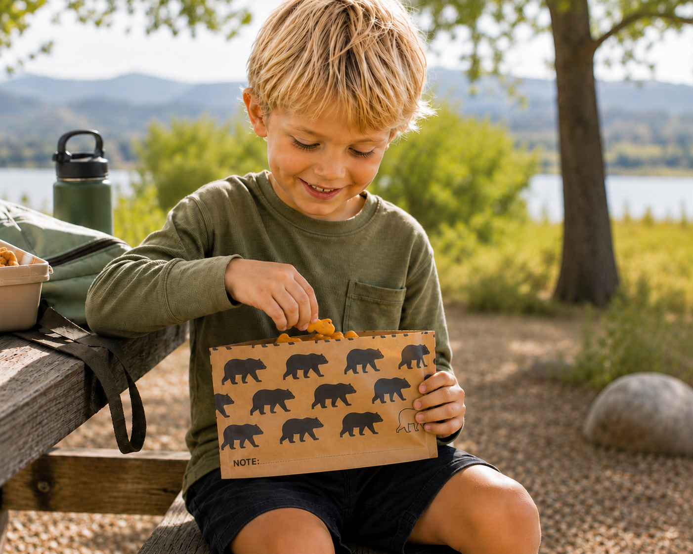 Child holding a bag with bear designs outdoors near a lake