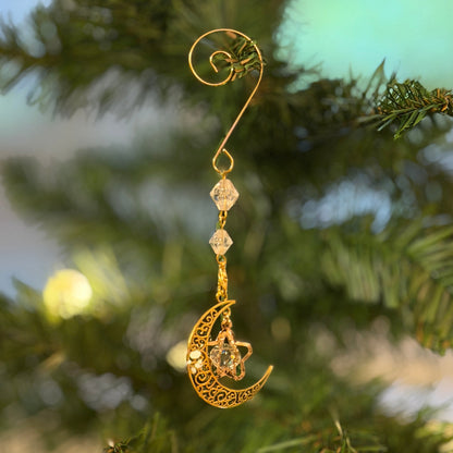 Yuletide Gold Crystal Moon &amp; Star Witchy Christmas Ornament