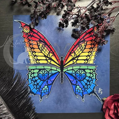 Pride Butterfly Artwork, Handpainted Stained Glass Gothic Tracery Print
