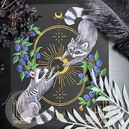 Gothic Raccoon Art Print, Tarot Style Wall Art, Forest Witch Cozy Painting