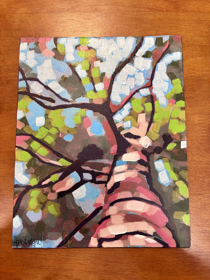 Framed Tree Trunk Painting – Abstract Woodland Art, Upward View, 8x10, framed