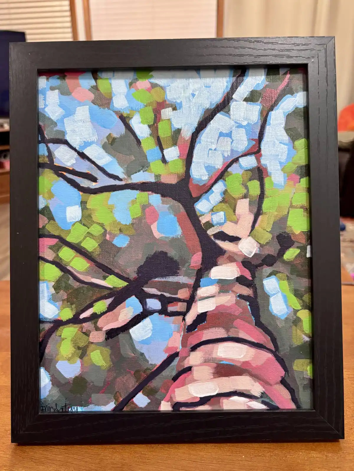 Framed Tree Trunk Painting – Abstract Woodland Art, Upward View, 8x10, framed