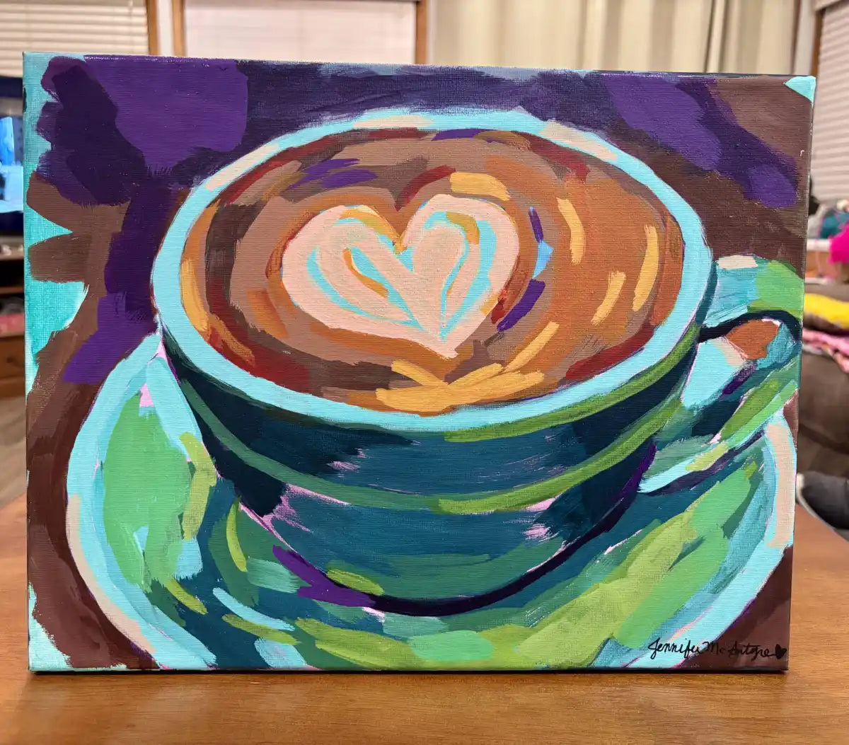 Original Latte Art Painting – Colorful Coffee Cup Acrylic Canvas, 14x11