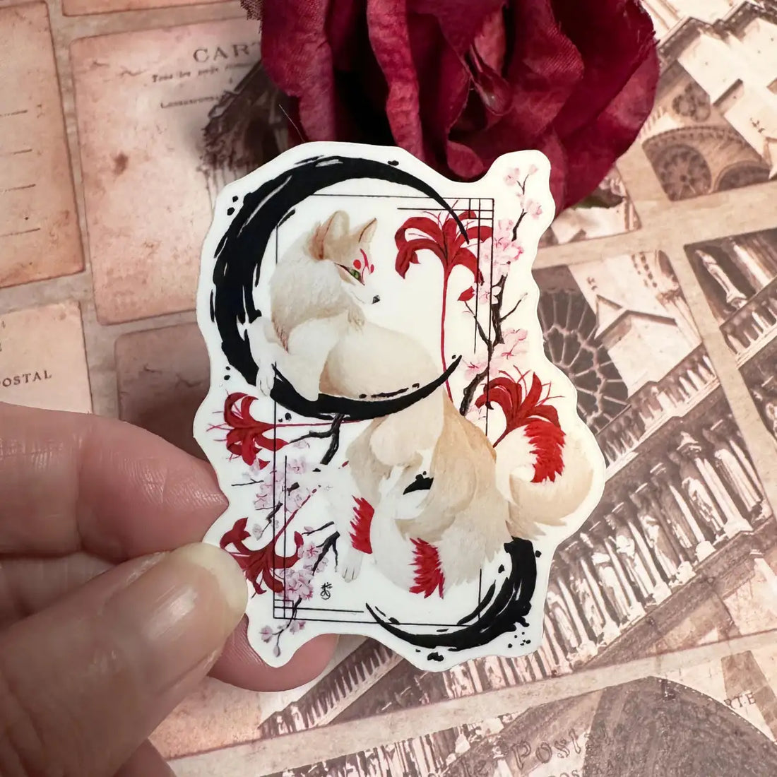Kitsune Art Vinyl Sticker: Sumi-e Wildlife, Japanese Fox Decor, Original Hand Painted Art
