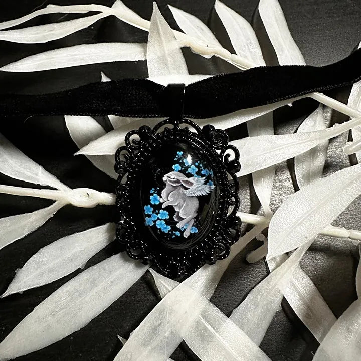 Angel Rabbit Choker: Victorian Mourning Jewelry with Original Hand-Painted Artwork