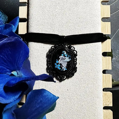 Angel Rabbit Choker: Victorian Mourning Jewelry with Original Hand-Painted Artwork