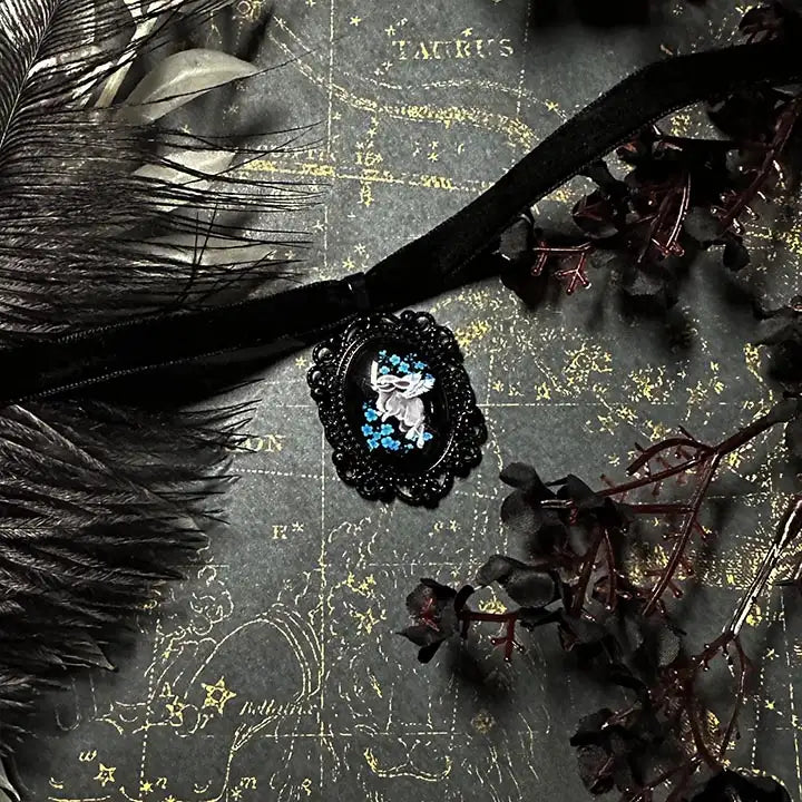 Angel Rabbit Choker: Victorian Mourning Jewelry with Original Hand-Painted Artwork
