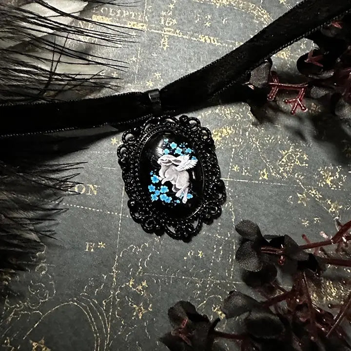 Angel Rabbit Choker: Victorian Mourning Jewelry with Original Hand-Painted Artwork