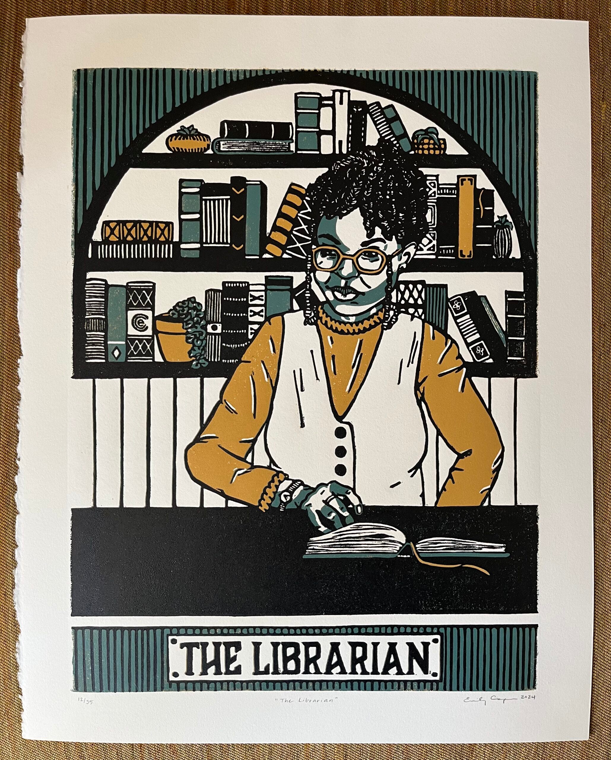 "The Librarian" Original Limited Edition Reduction Linoleum Block Print - Oracle Deck Series