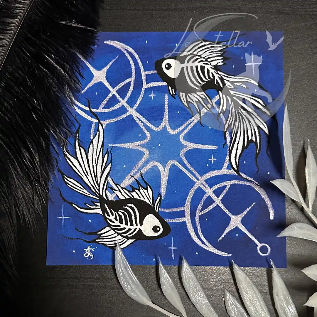 Pisces Skeleton Betta Fish Print with Celestial Moon Accents, Zodiac Series
