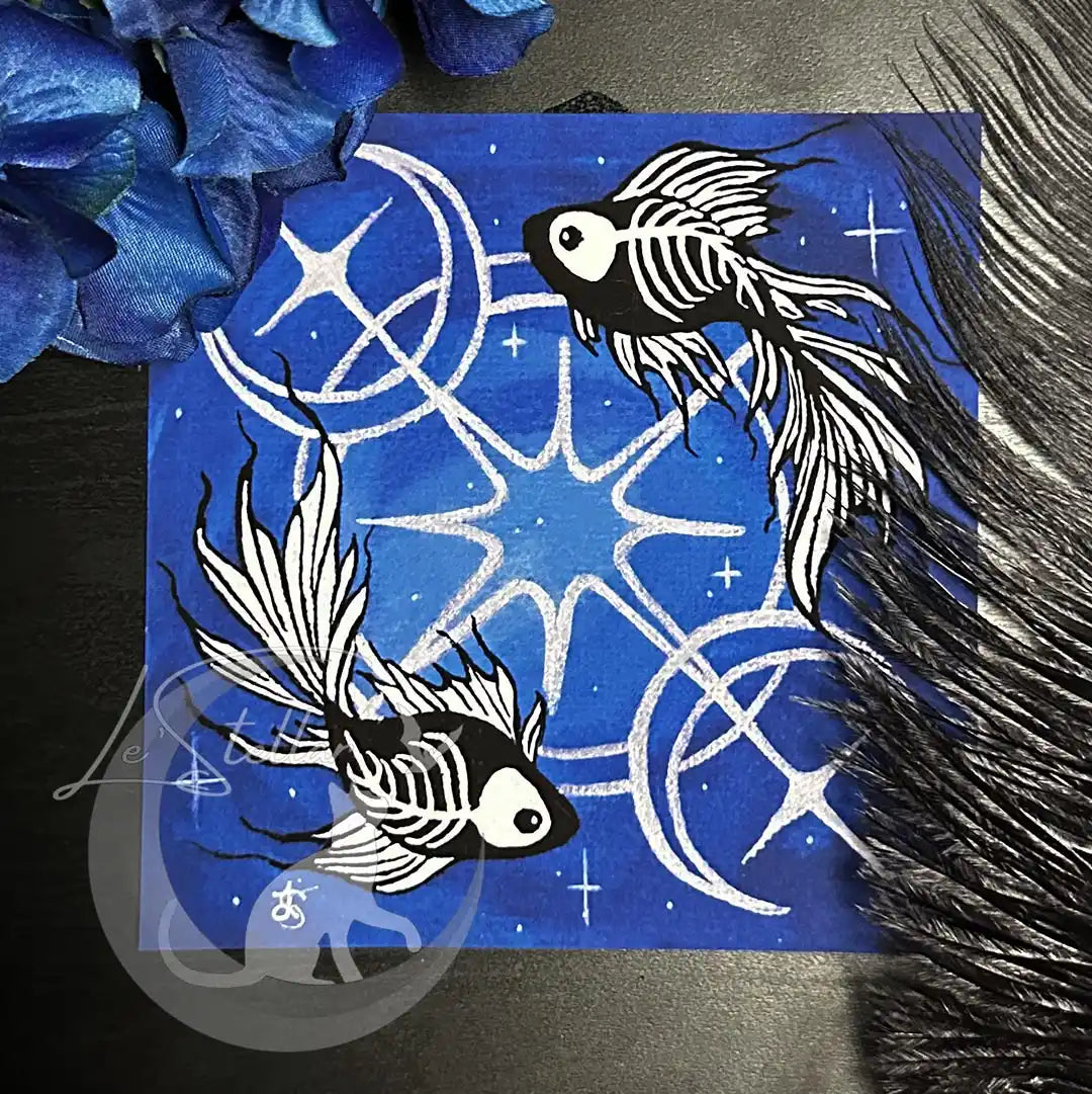 Pisces Skeleton Betta Fish Print with Celestial Moon Accents, Zodiac Series