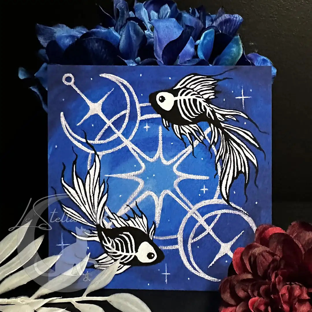 Pisces Skeleton Betta Fish Print with Celestial Moon Accents, Zodiac Series