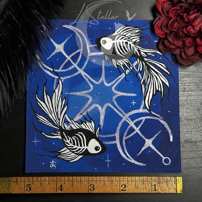 Pisces Skeleton Betta Fish Print with Celestial Moon Accents