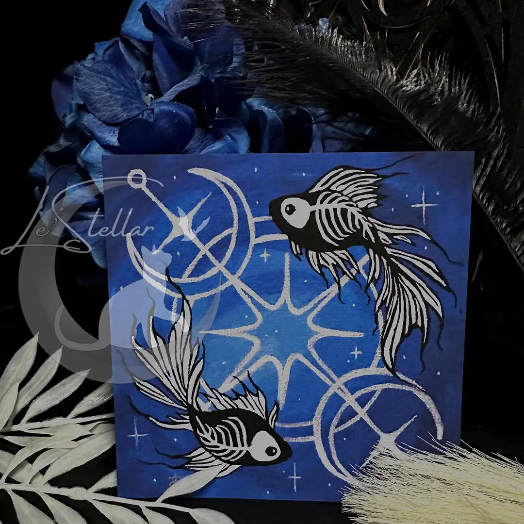 Pisces Skeleton Betta Fish Print with Celestial Moon Accents, Zodiac Series