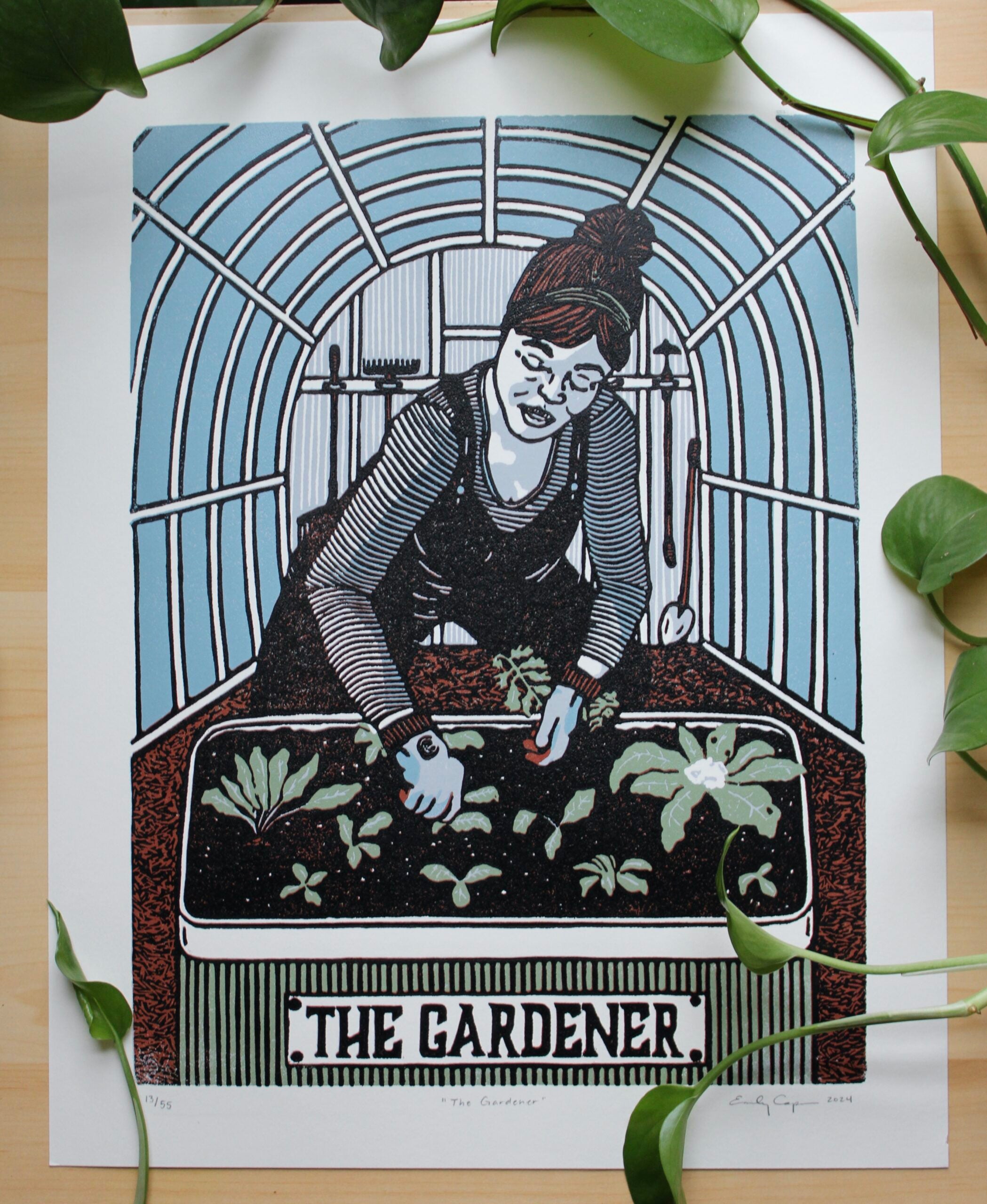 "The Gardener" Original Limited Edition Reduction Linoleum Block Print - Oracle Deck Series