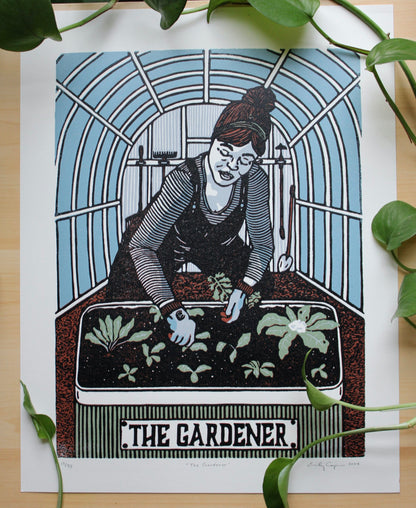"The Gardener" Original Limited Edition Reduction Linoleum Block Print - Oracle Deck Series