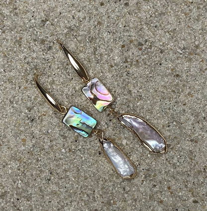 ocean springs rectangular abalone shell and organic freshwater pearl drop earrings on sand