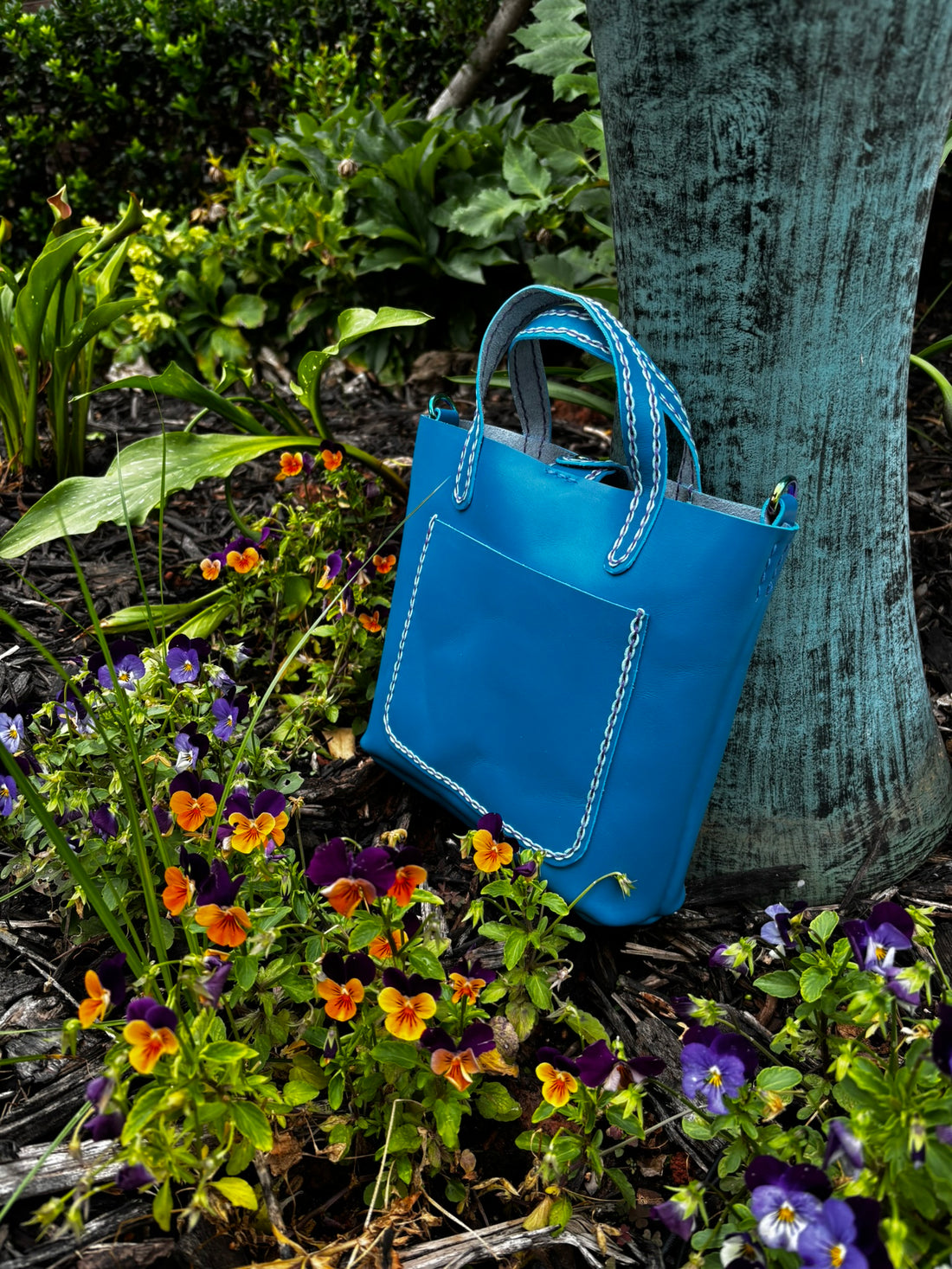 Limited Edition Handmade Blue Leather Mini Tote Aqua and Purple Decorative Contrast Stitching with Adjustable and Detachable Crossbody Strap