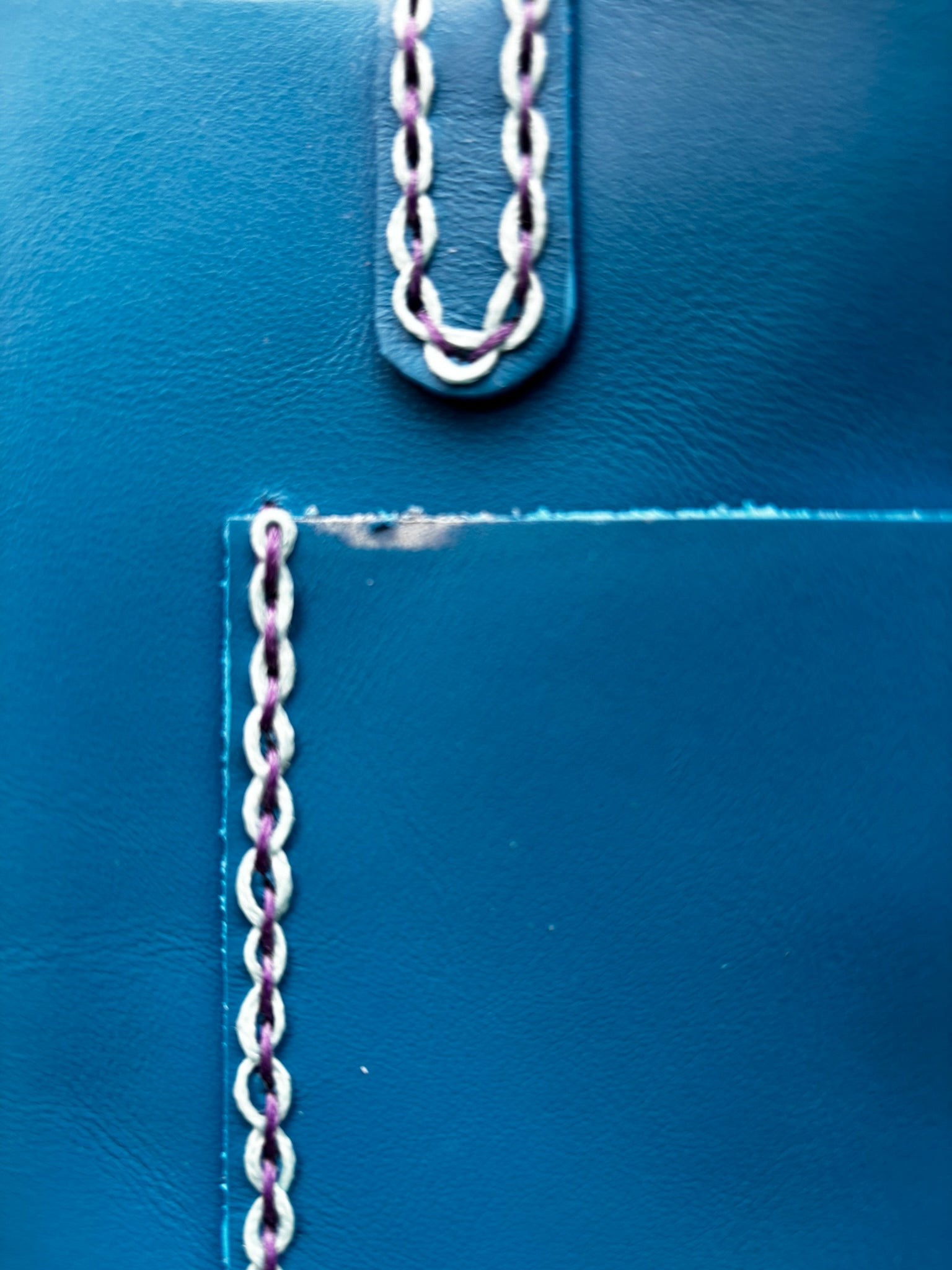 Limited Edition Handmade Blue Leather Mini Tote Aqua and Purple Decorative Contrast Stitching with Adjustable and Detachable Crossbody Strap