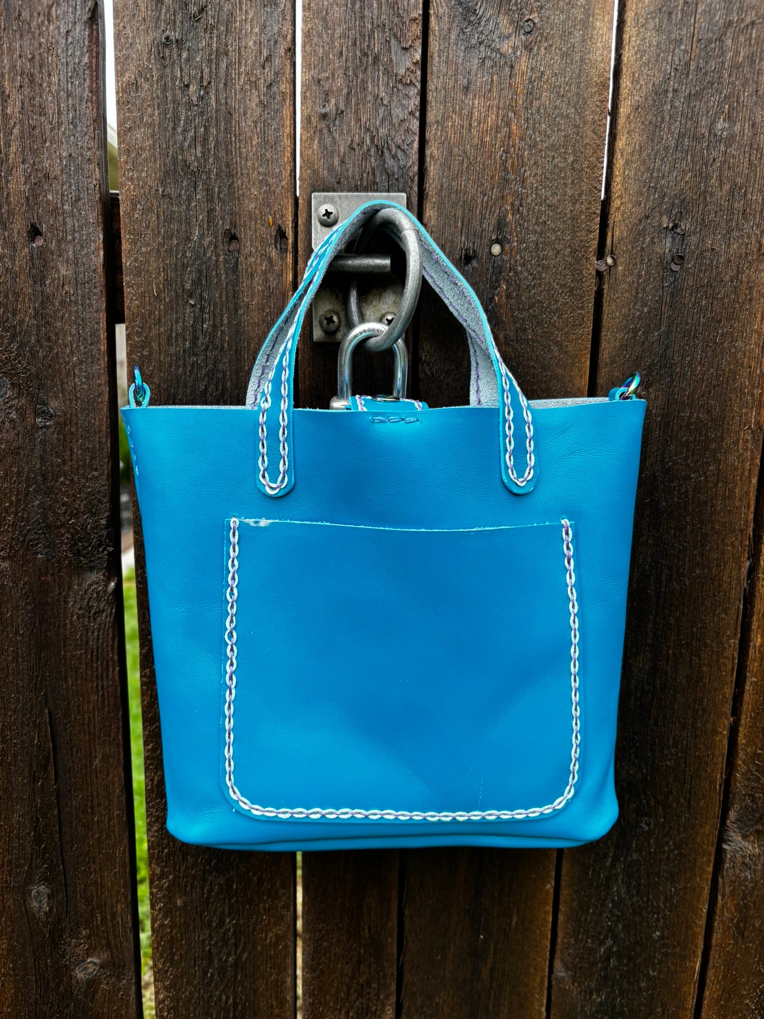 Limited Edition Handmade Blue Leather Mini Tote Aqua and Purple Decorative Contrast Stitching with Adjustable and Detachable Crossbody Strap