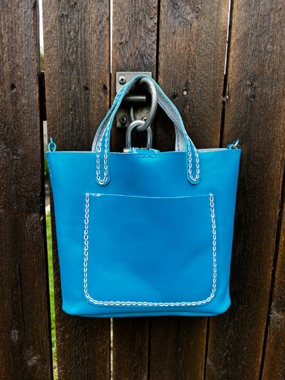 Limited Edition Handmade Blue Leather Mini Tote Aqua and Purple Decorative Contrast Stitching with Adjustable and Detachable Crossbody Strap