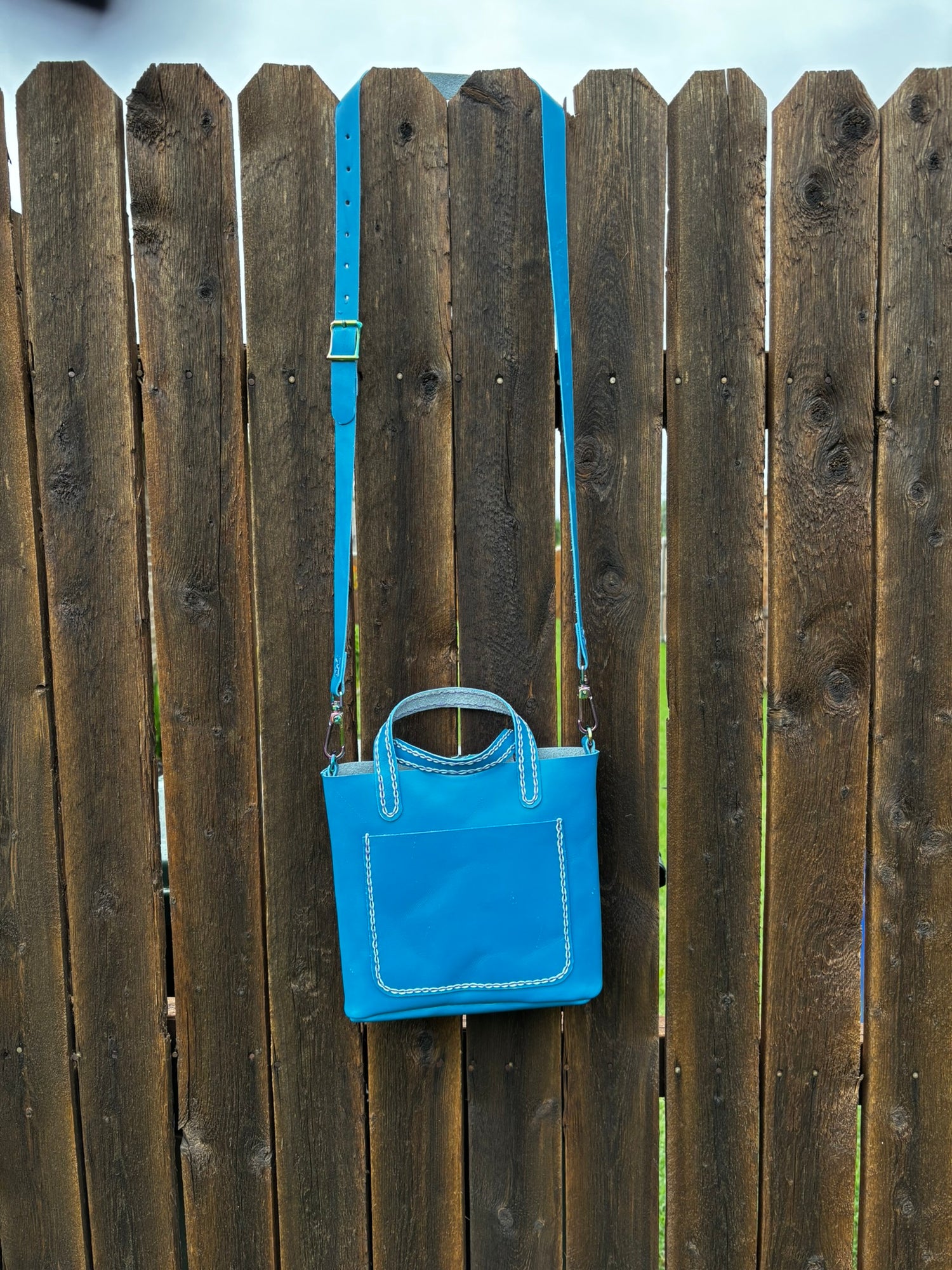 Limited Edition Handmade Blue Leather Mini Tote Aqua and Purple Decorative Contrast Stitching with Adjustable and Detachable Crossbody Strap