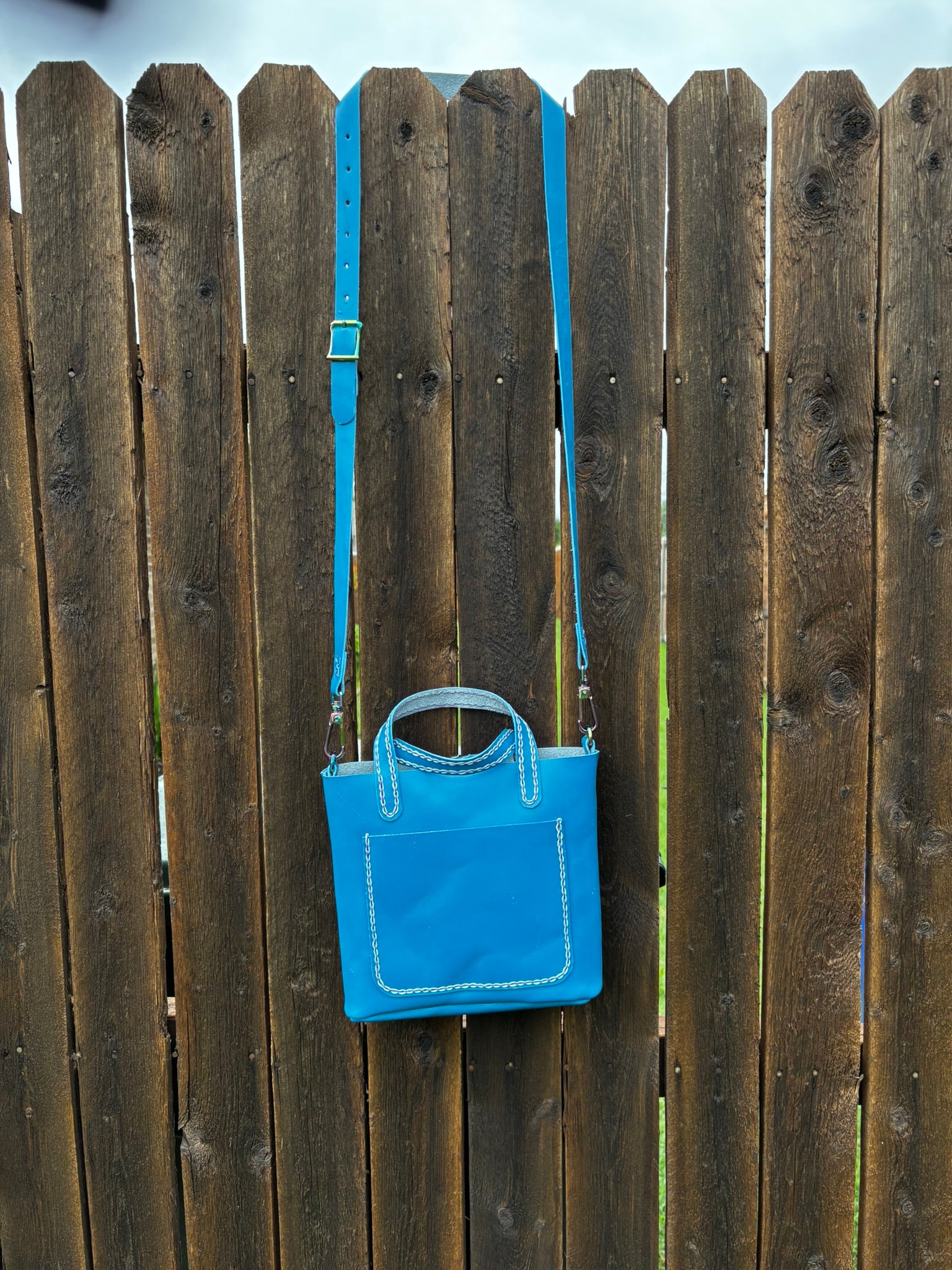 Limited Edition Handmade Blue Leather Mini Tote Aqua and Purple Decorative Contrast Stitching with Adjustable and Detachable Crossbody Strap